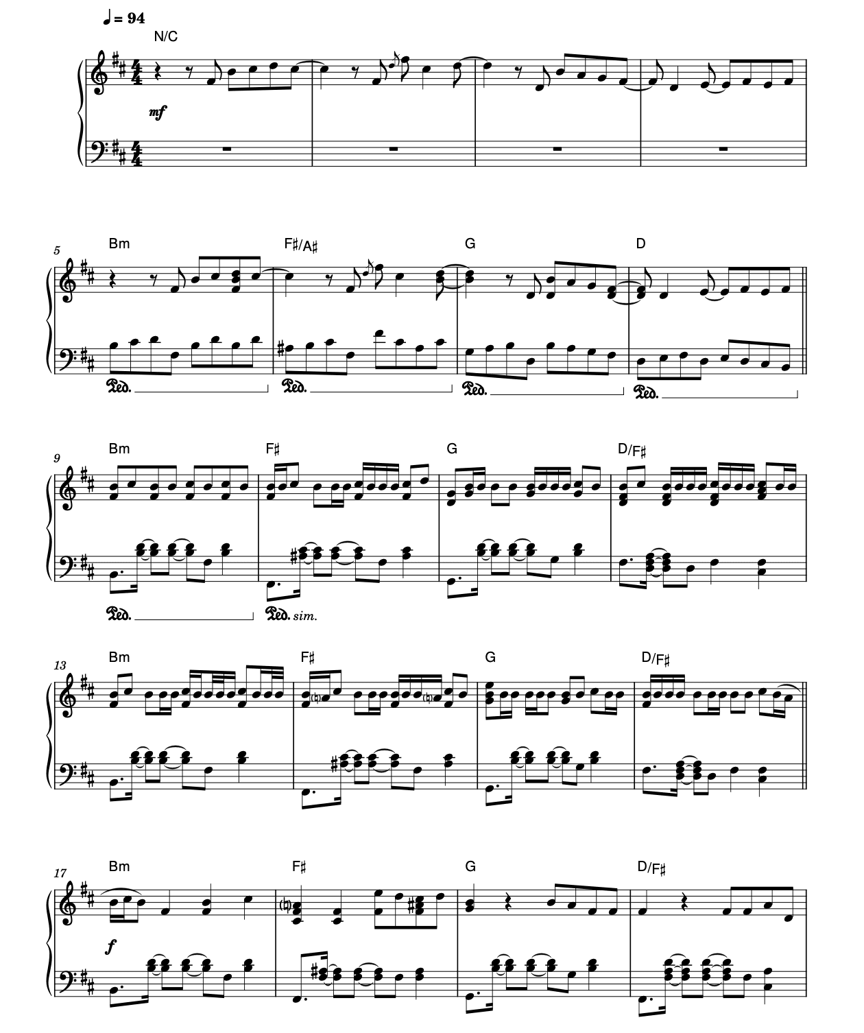 Multi-system musical example showing the three-system progression — no pedal, then pedal markings by chord change, then Ped. sim.